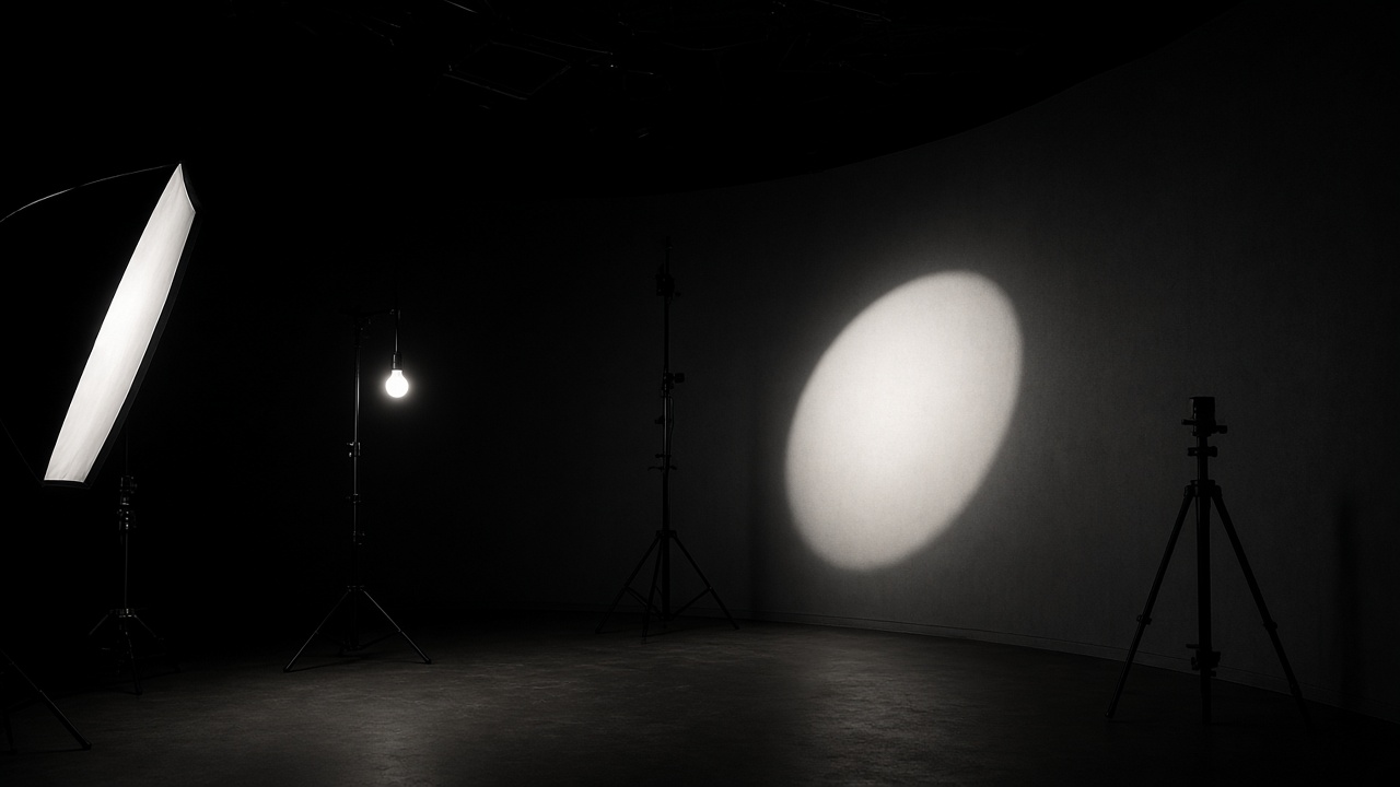 Un foco duro y una ventana de luz en un estudio oscuro.