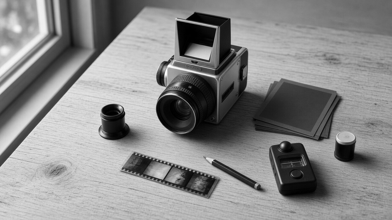 Una Hasselblad junto a copias, un negativo, un fotómetro y un lápiz, sobre una mesa de madera.