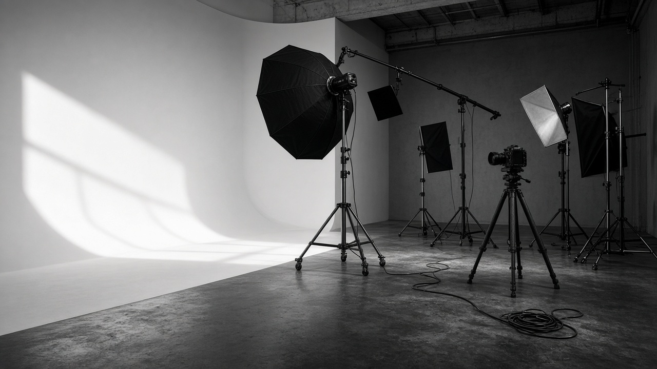 Estudio de fotografía vacío, con ventanas de luz, pies, una cámara y cables.